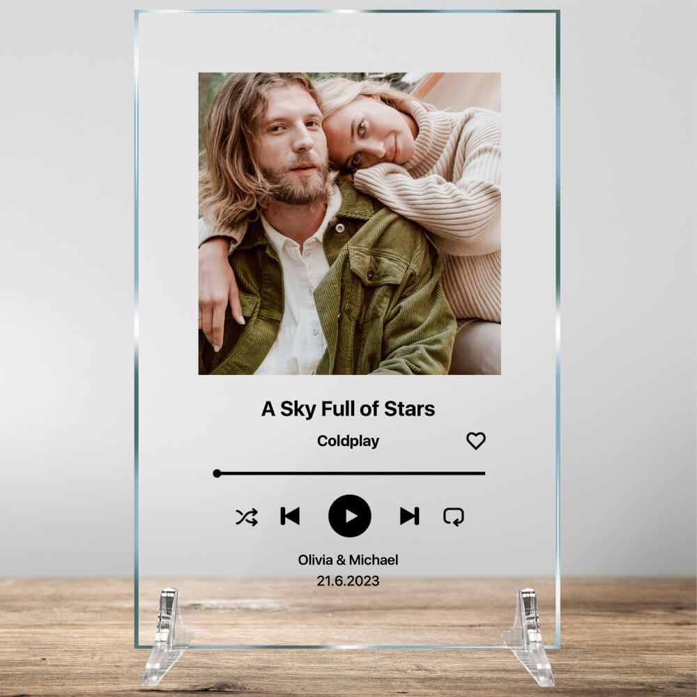 Egyedi szöveggel és fényképpel ellátott plakett, Spotify üveg képpel. |  INSPIO